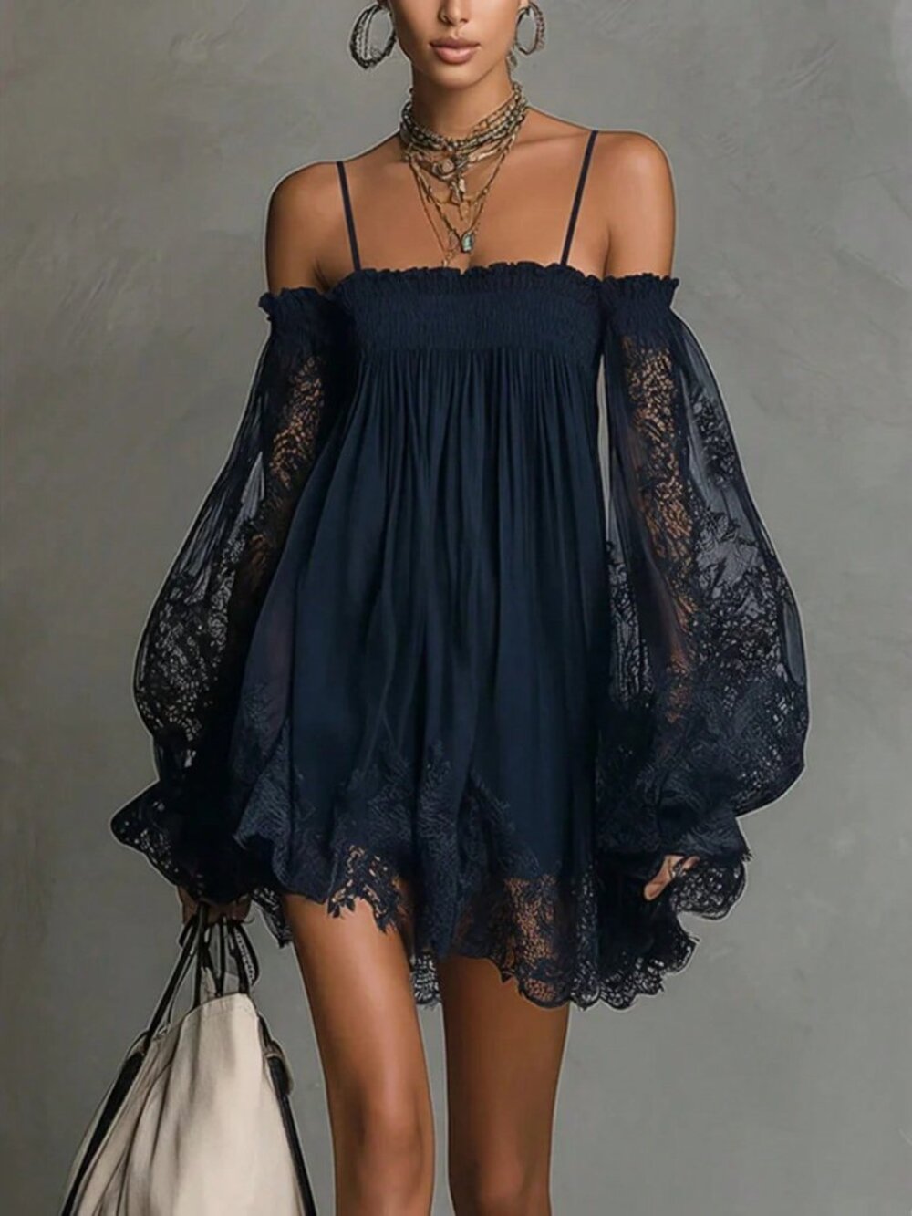 Blue Elegant Women's Off-Shoulder Puff Sleeve Ruffle Hem Swing Mini Dress
